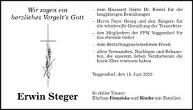 Traueranzeige Erwin Steger
