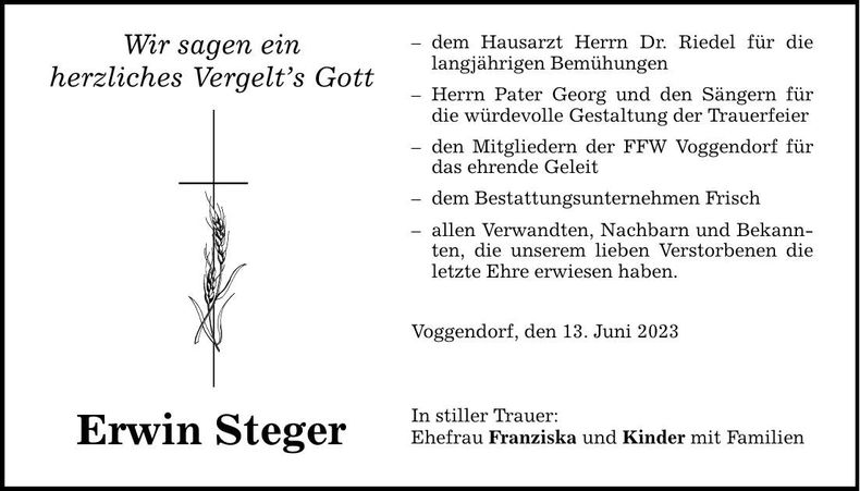 Traueranzeige Erwin Steger