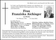Traueranzeige Franziska Aichinger