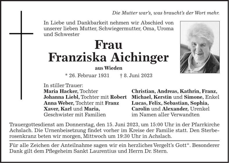Traueranzeige Franziska Aichinger