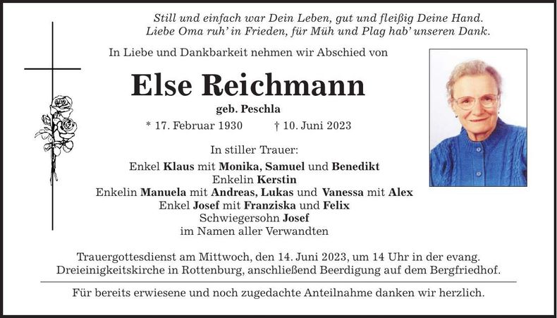 Traueranzeige Else Reichmann