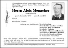 Traueranzeige Alois Menacher