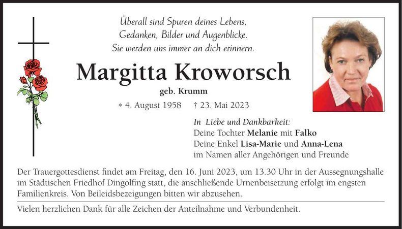 Traueranzeige Margitta Kroworsch