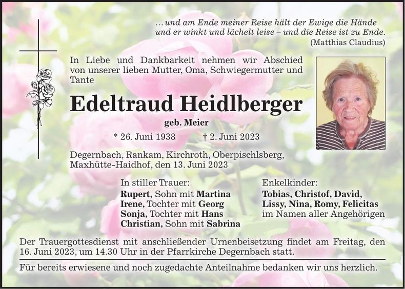 Traueranzeige Edeltraud Heidlberger