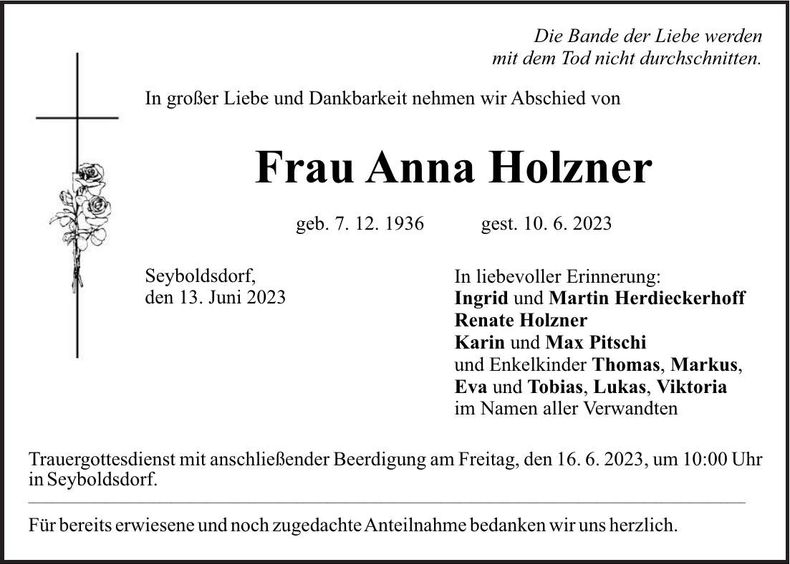 Traueranzeige Anna Holzner