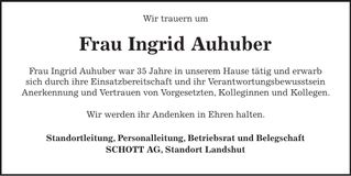 Traueranzeige Ingrid Auhuber