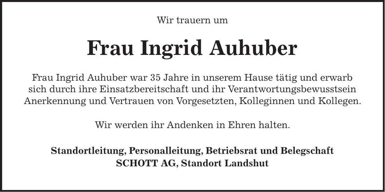 Traueranzeige Ingrid Auhuber
