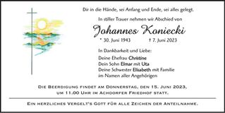 Traueranzeige Johannes Koniecki
