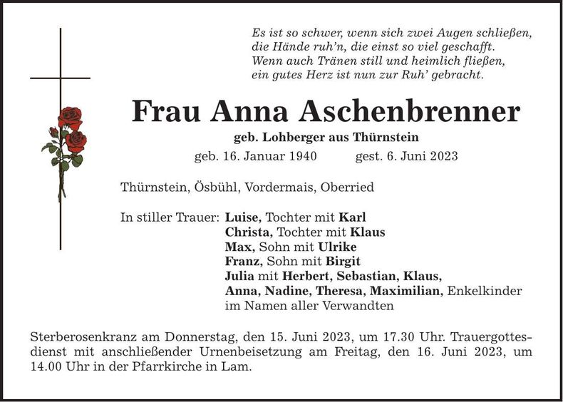 Traueranzeige Anna Aschenbrenner