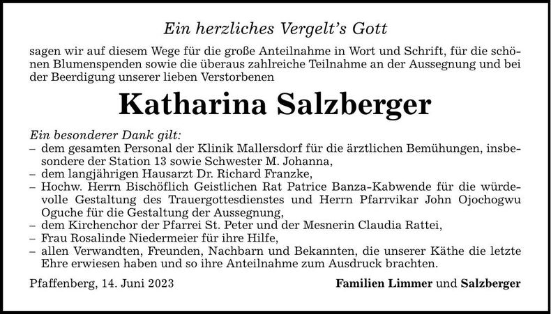 Traueranzeige Katharina Salzberger