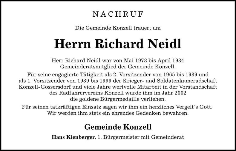 Traueranzeige Richard Neidl