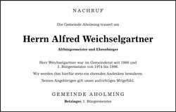 Traueranzeige Alfred Weichselgartner