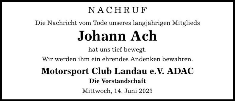 Traueranzeige Johann Ach