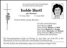 Traueranzeige Isolde Hartl