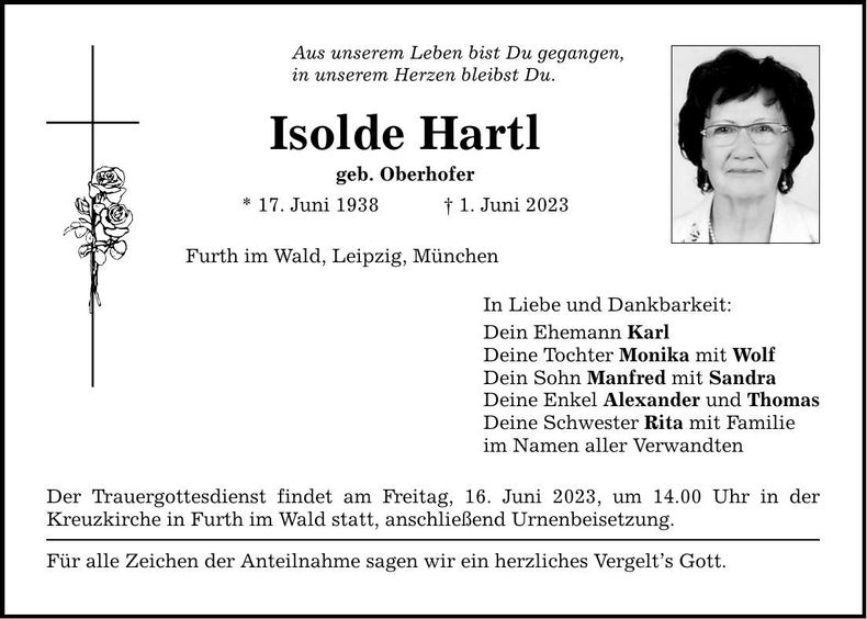 Traueranzeige Isolde Hartl