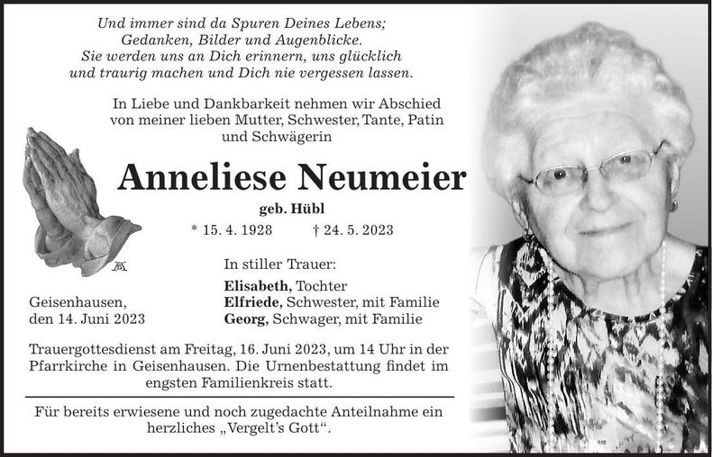Traueranzeige Anneliese Neumeier