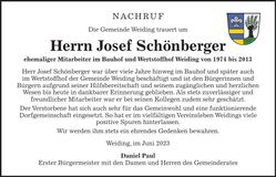 Traueranzeige Josef Schönberger