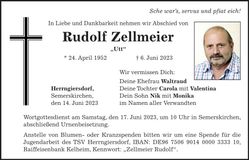 Traueranzeige Rudolf Zellmeier