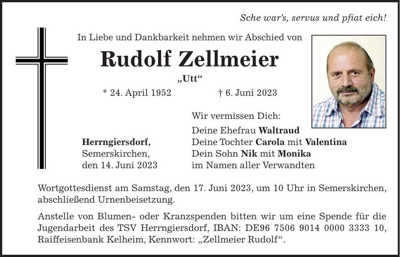 Traueranzeige Rudolf Zellmeier