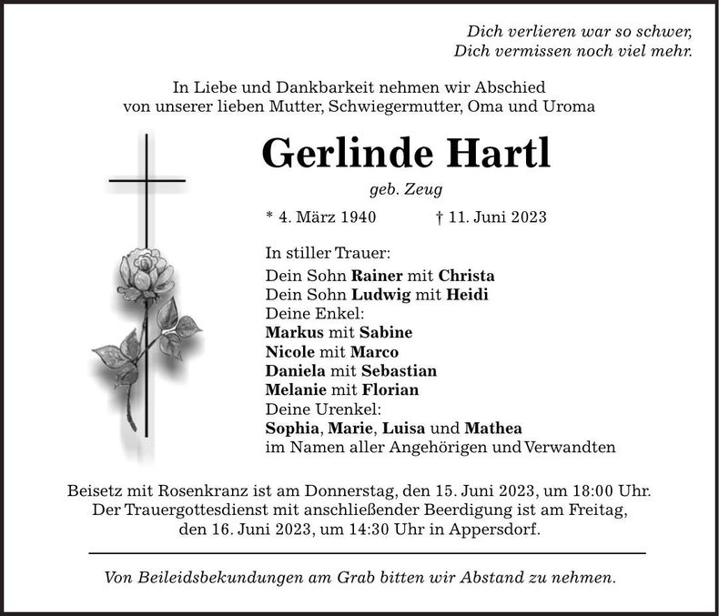 Traueranzeige Gerlinde Hartl