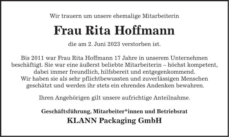 Traueranzeige Rita Hoffmann