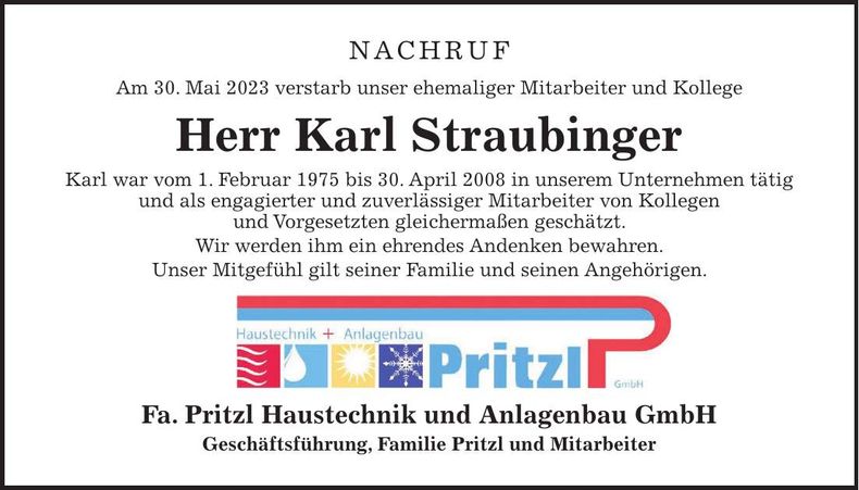 Traueranzeige Karl Straubinger