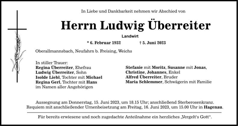 Traueranzeige Ludwig Überreiter
