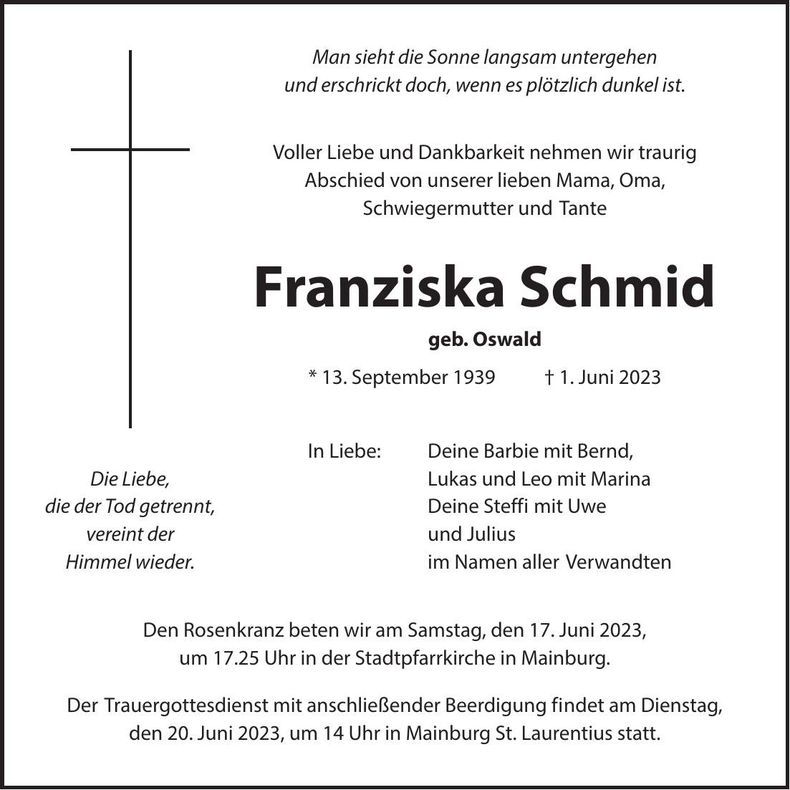 Traueranzeige Franziska Schmid