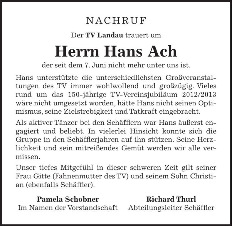 Traueranzeige Hans Ach