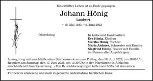 Traueranzeige Johann Hönig