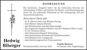 Traueranzeige Hedwig Biberger