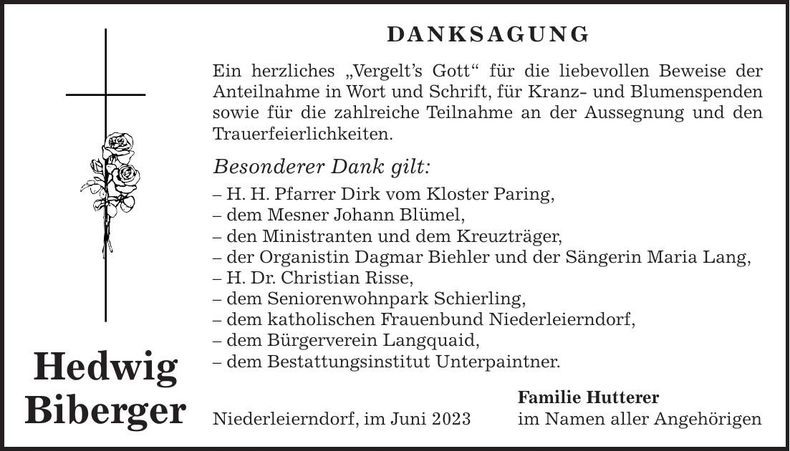 Traueranzeige Hedwig Biberger