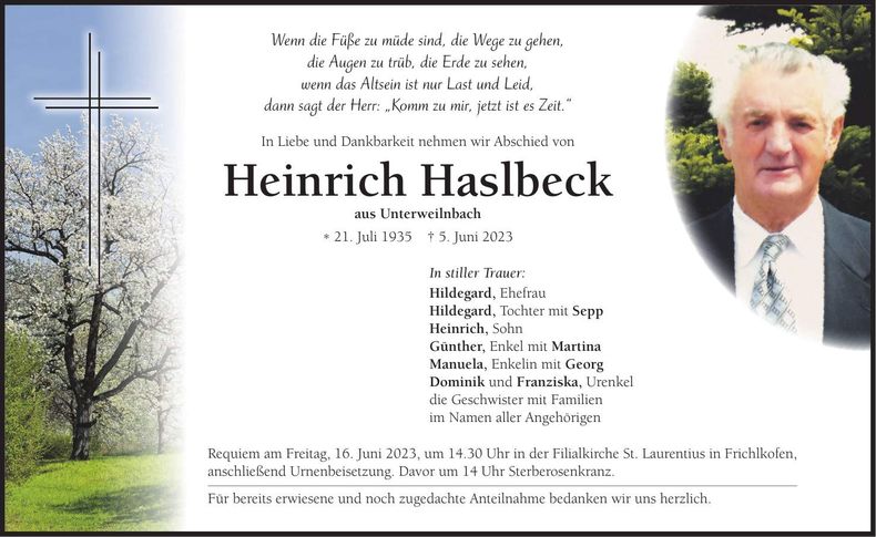 Traueranzeige Heinrich Haslbeck