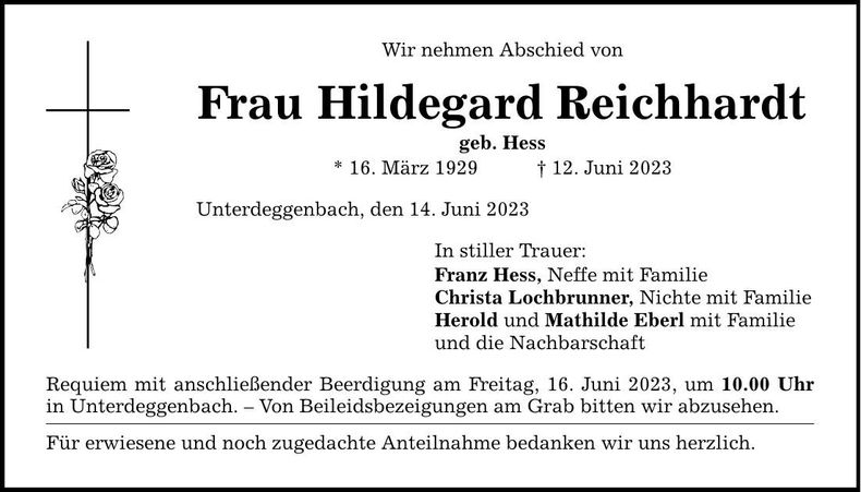 Traueranzeige Hildegard Reichhardt