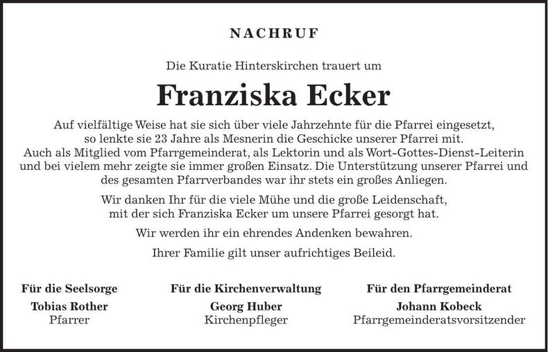Traueranzeige Franziska Ecker