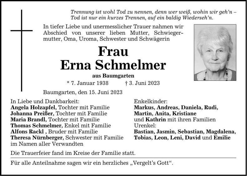 Traueranzeige Erna Schmelmer