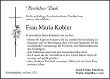 Traueranzeige Maria Kobler