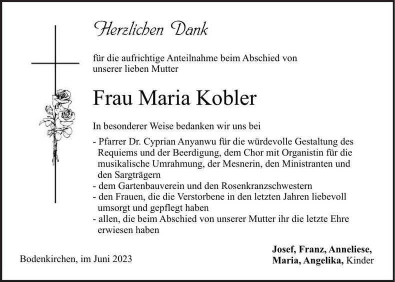Traueranzeige Maria Kobler