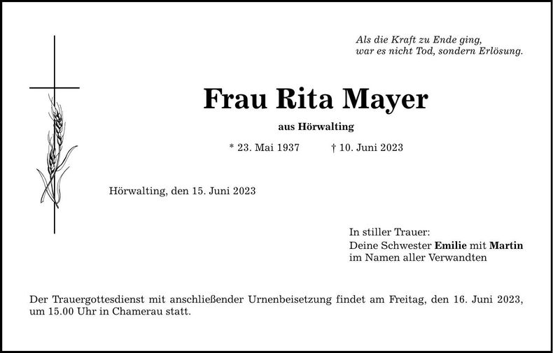 Traueranzeige Rita Mayer