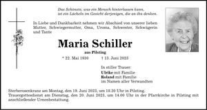 Traueranzeige Maria Schiller