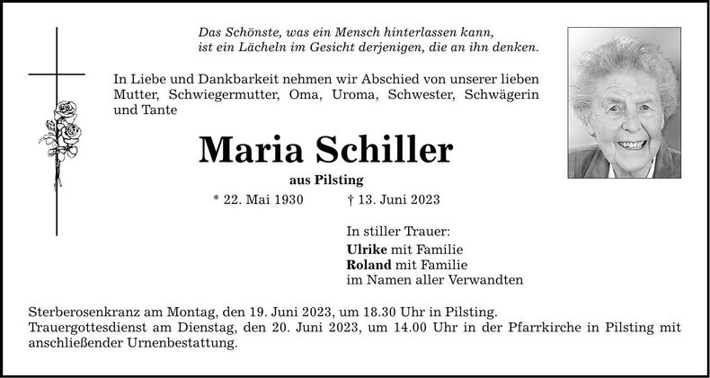 Traueranzeige Maria Schiller