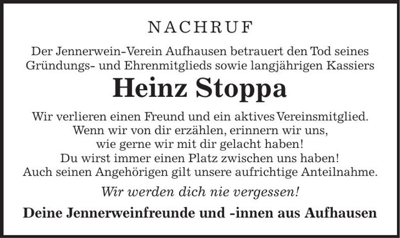Traueranzeige Heinz Stoppa