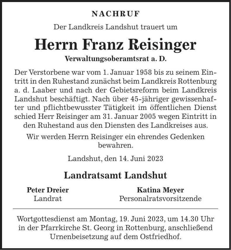 Traueranzeige Franz Reisinger