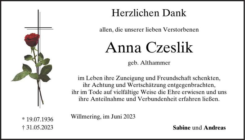 Traueranzeige Anna Czeslik