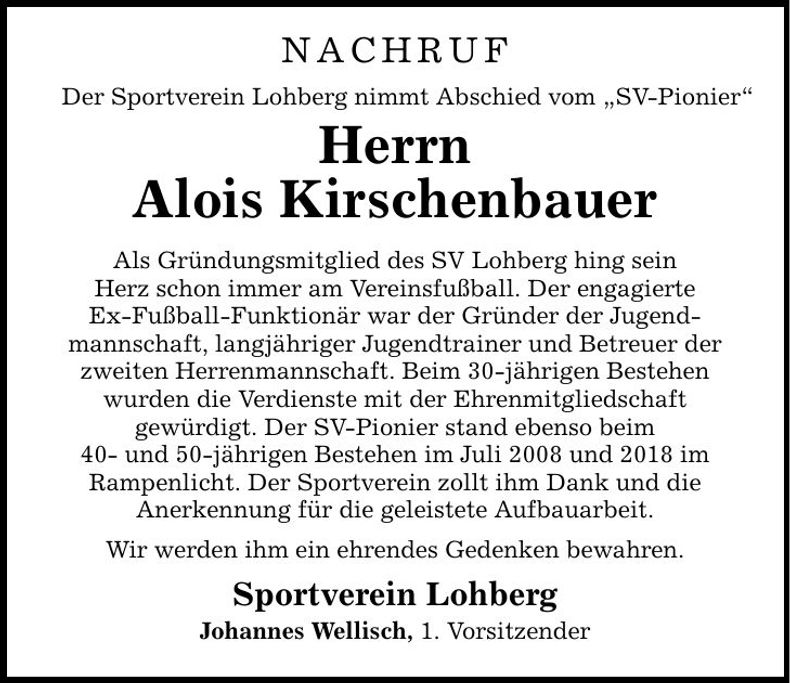 Traueranzeige Alois Kirschenbauer