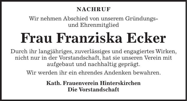 Traueranzeige Franziska Ecker