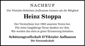 Traueranzeige Heinz Stoppa