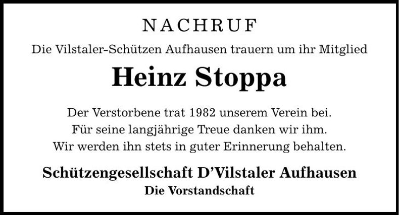 Traueranzeige Heinz Stoppa
