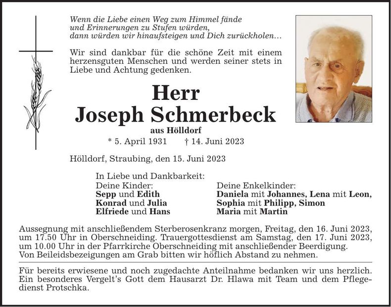Traueranzeige Joseph Schmerbeck
