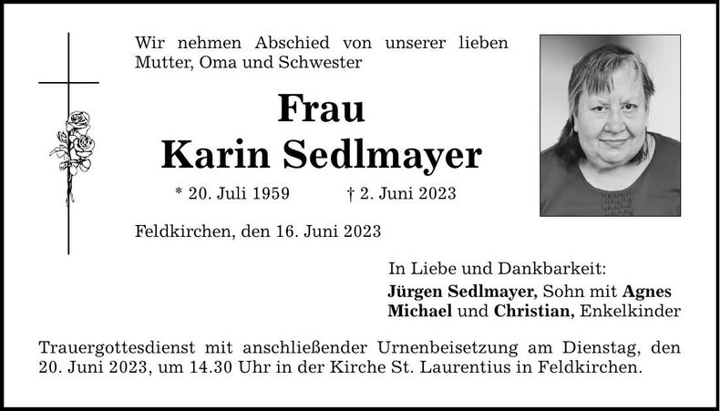 Traueranzeige Karin Sedlmayer